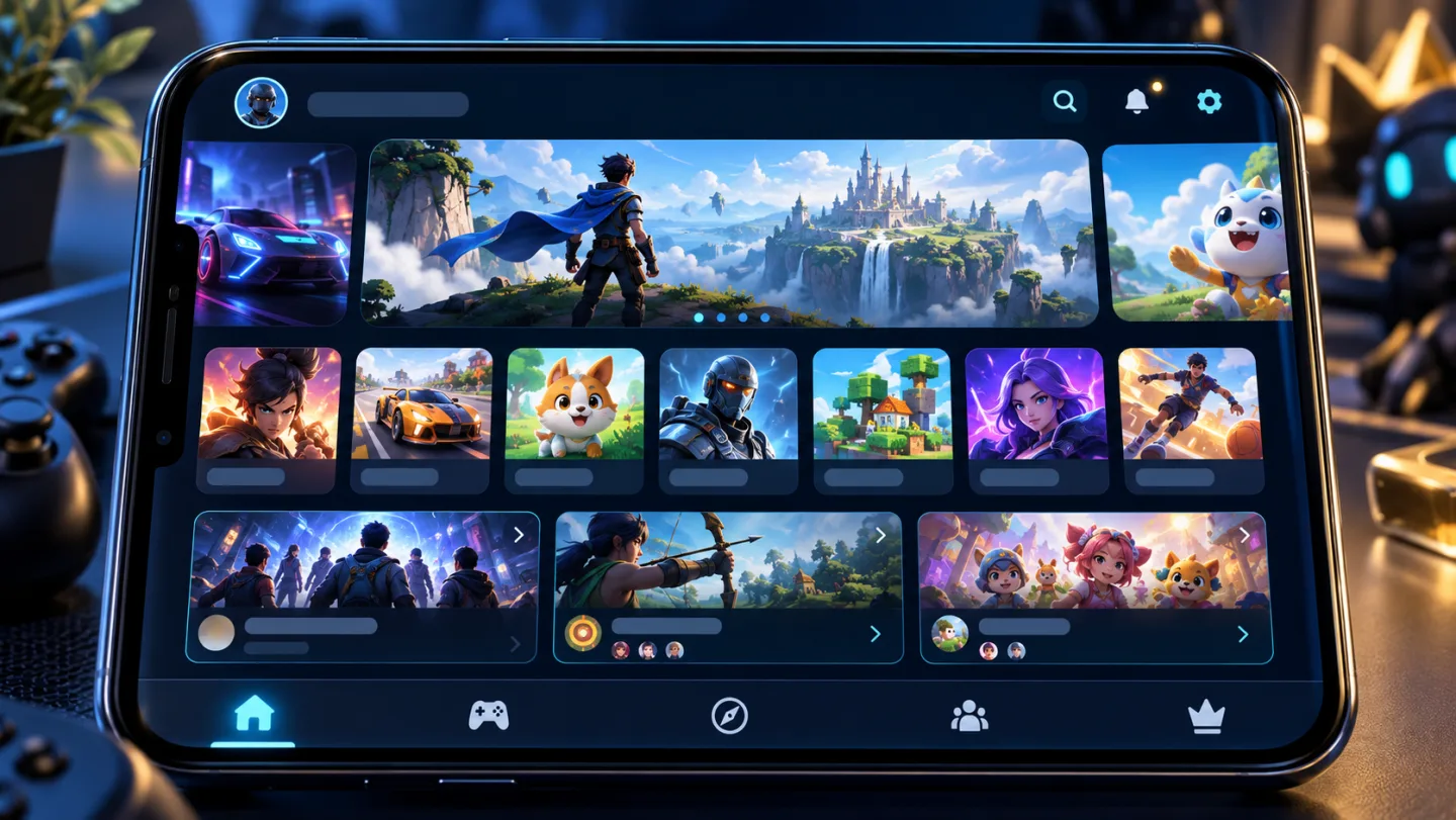 Editorial illustration of a 1CEO-style mobile game discovery lobby